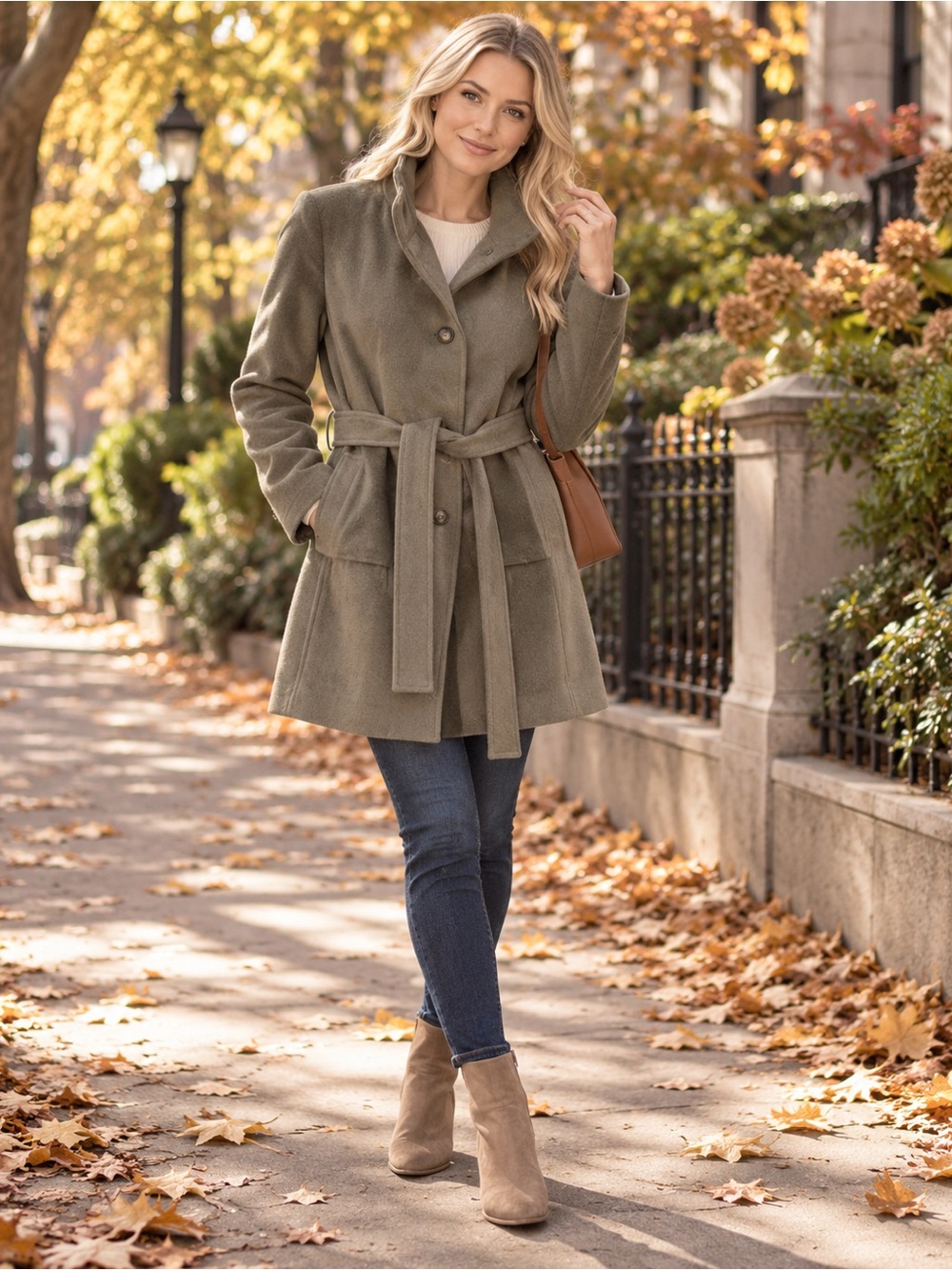 DKNY New York Olive Wool Blend Belted Coat Size XL